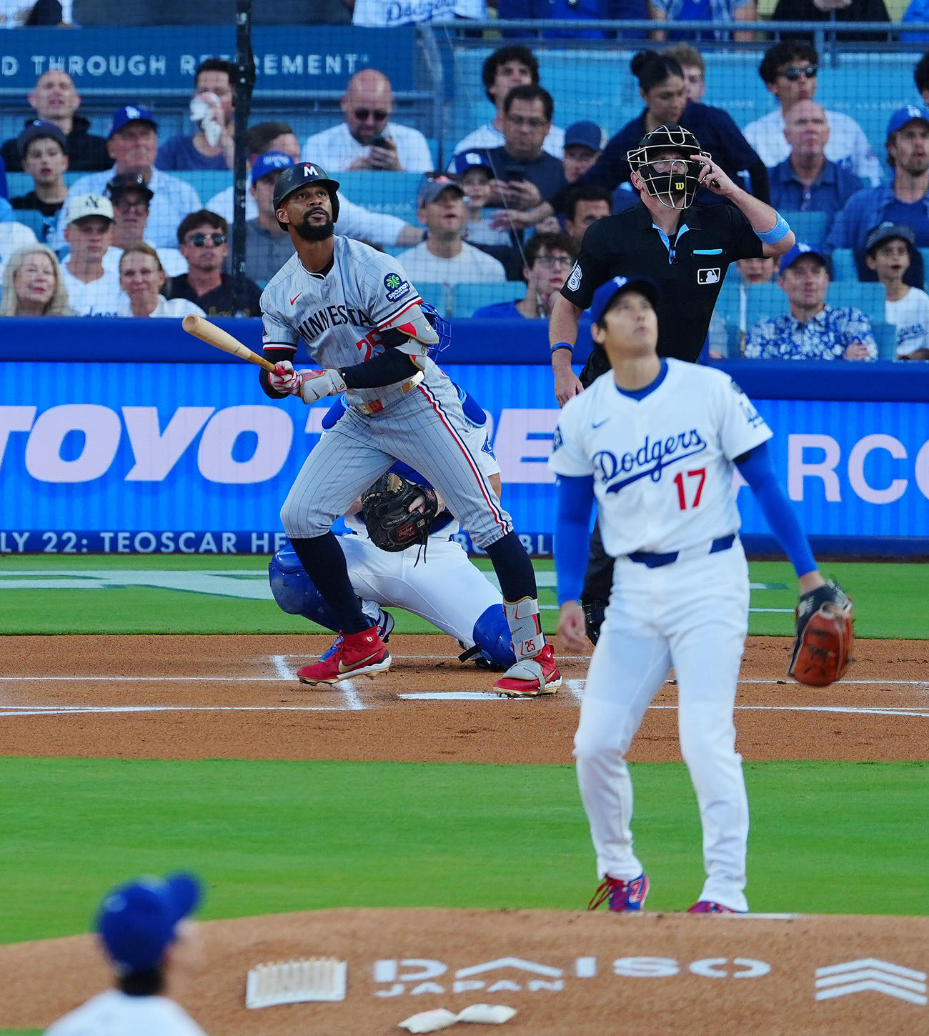 ドジャース対ツインズ　1回表ツインズ無死、先制のソロ本塁打を放つバクストン。投手大谷（撮影・垰建太）