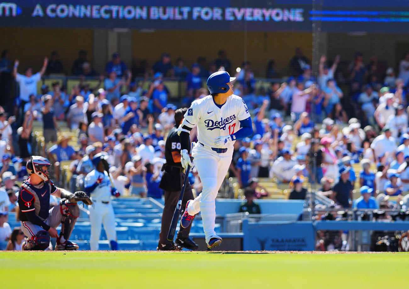ドジャース対ツインズ　8回裏ドジャース無死、左飛に倒れる大谷（撮影・垰建太）