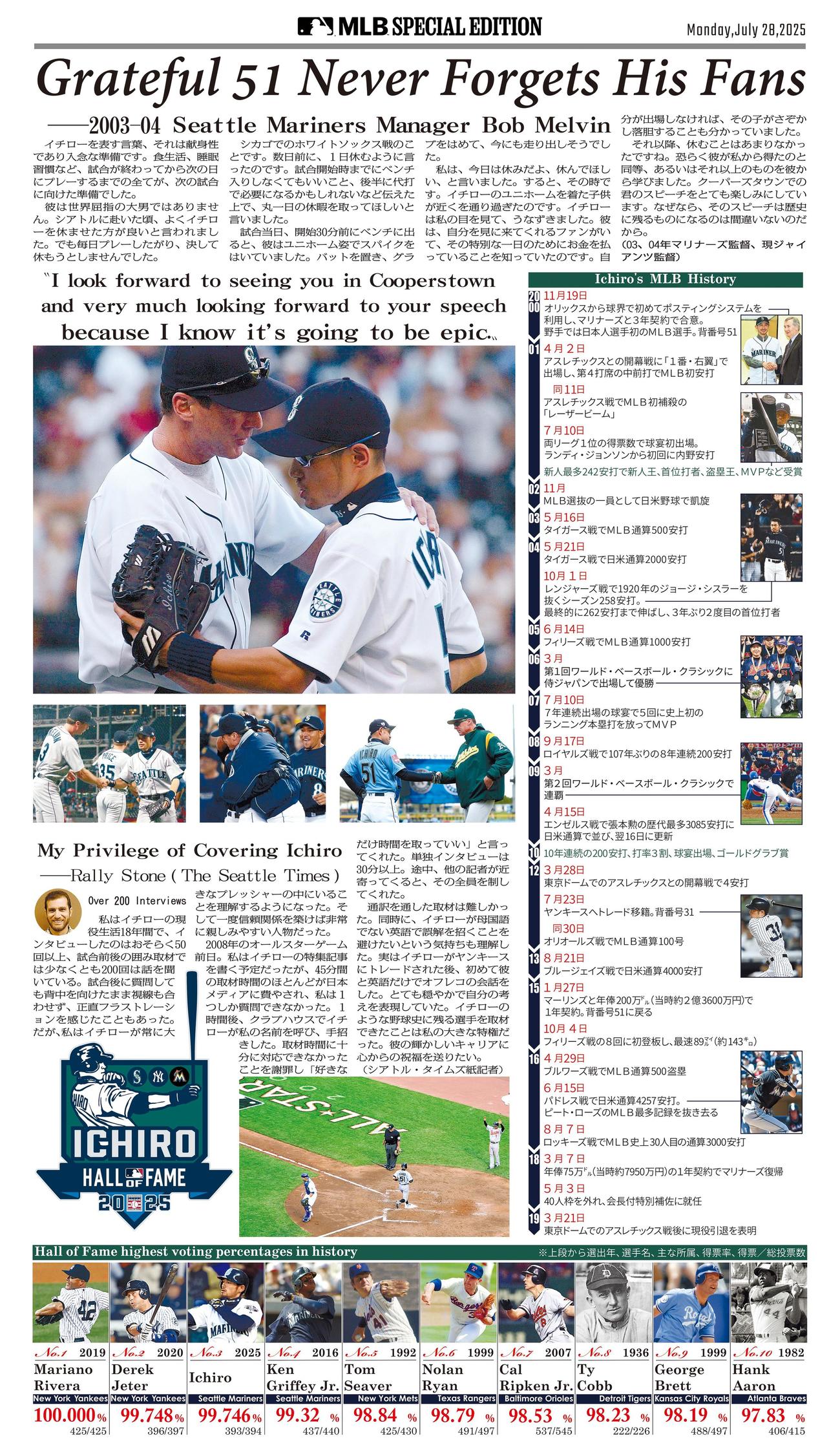 東京ドーム、愛知県の空港バッティングなどで配布される、イチロー氏の米野球殿堂入りを祝う号外紙面