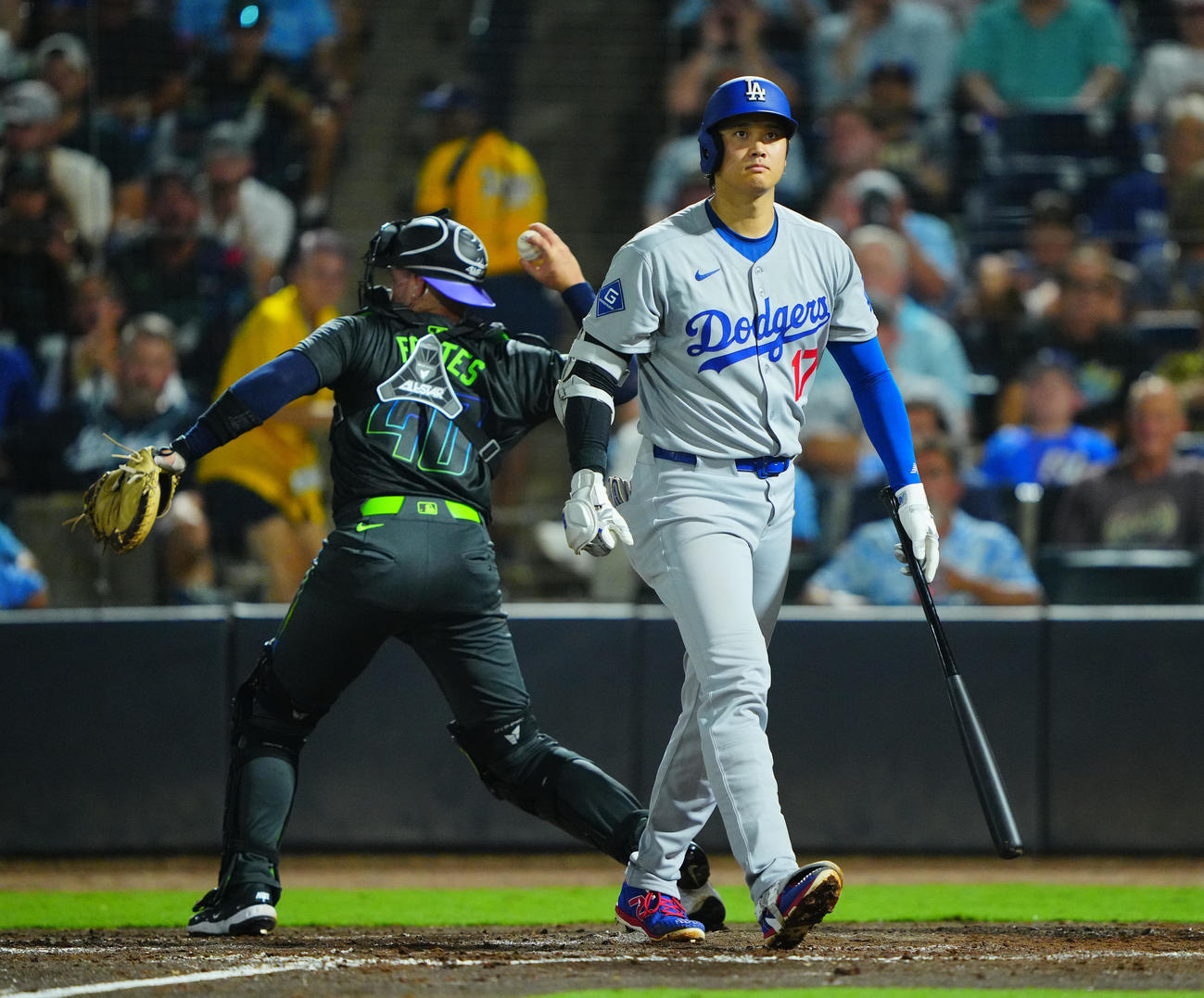 レイズ対ドジャース　6回表ドジャース2死一塁、見逃し三振に倒れる大谷（撮影・垰建太）