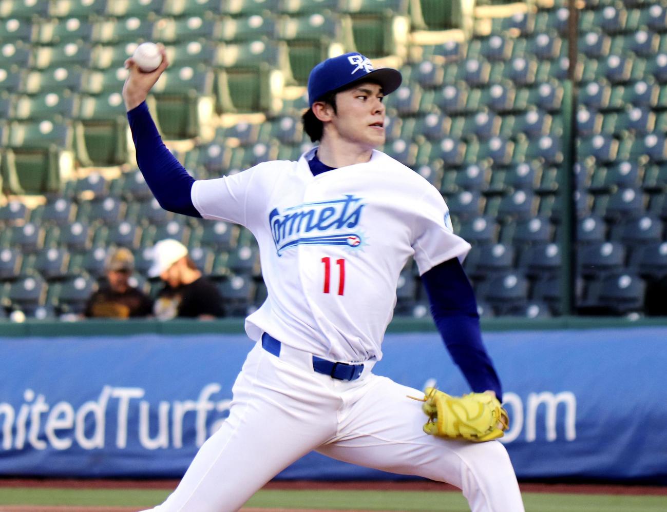 傘下マイナーの3Aオクラホマシティーの一員として初のリハビリ登板し、投球するドジャース佐々木（共同）
