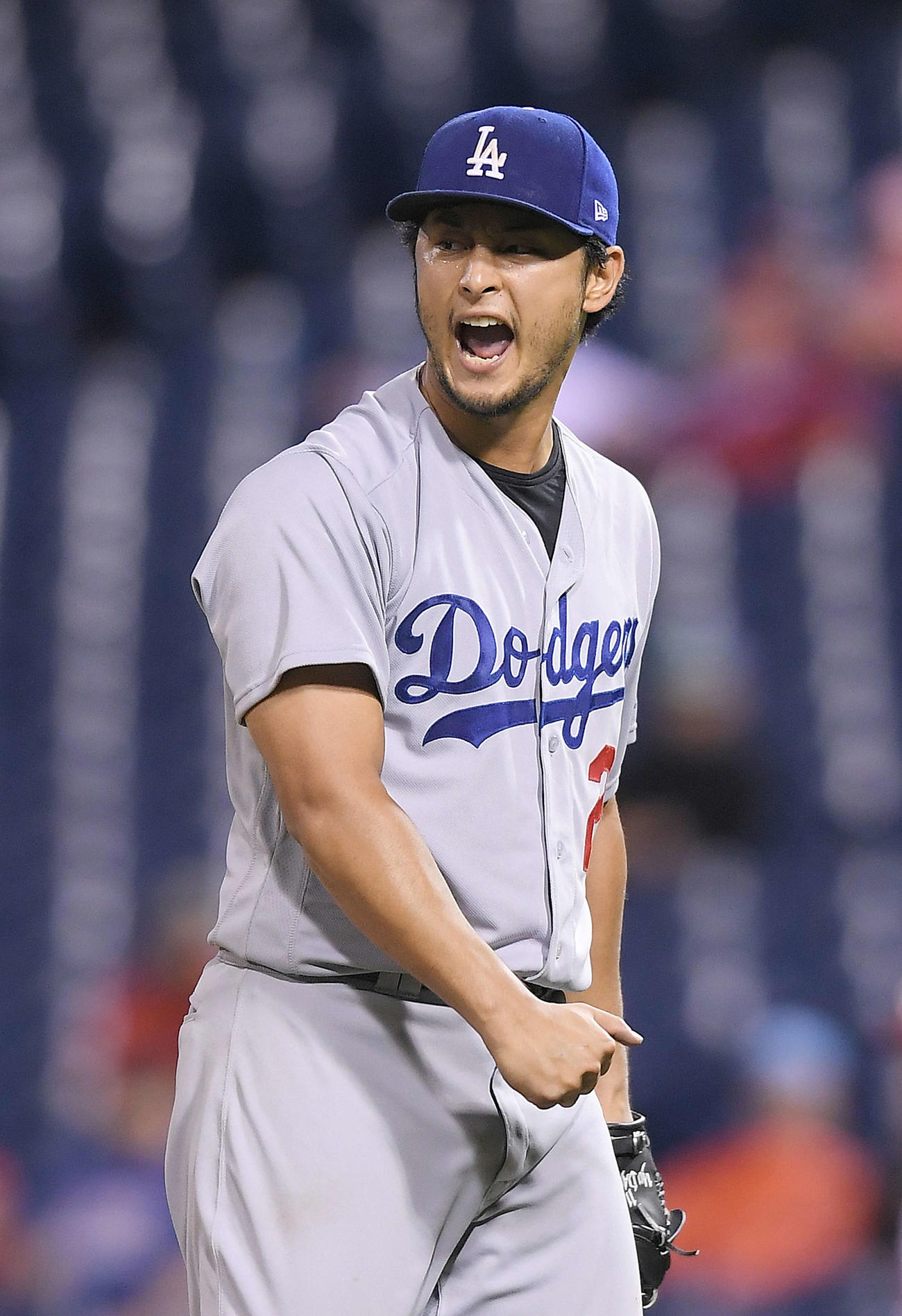 雄たけびを上げるドジャース・ダルビッシュ有（2017年9月撮影）
