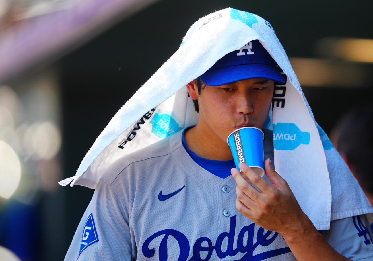 ロッキーズ対ドジャース　ベンチでタオルをかぶりヒマワリの種を食べるドジャース大谷（撮影・垰建太）