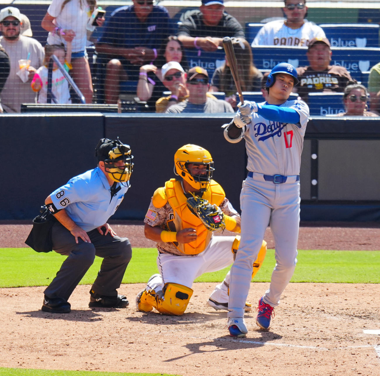 パドレス対ドジャース　7回表ドジャース1死、空振り三振に倒れる大谷（撮影・垰建太）