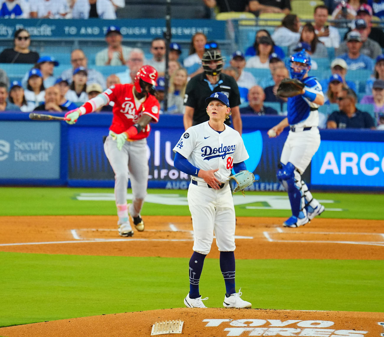 ドジャース対レッズ　1回表レッズ2死、デラクルスを空振り三振に仕留めたシーハン（撮影・垰建太）