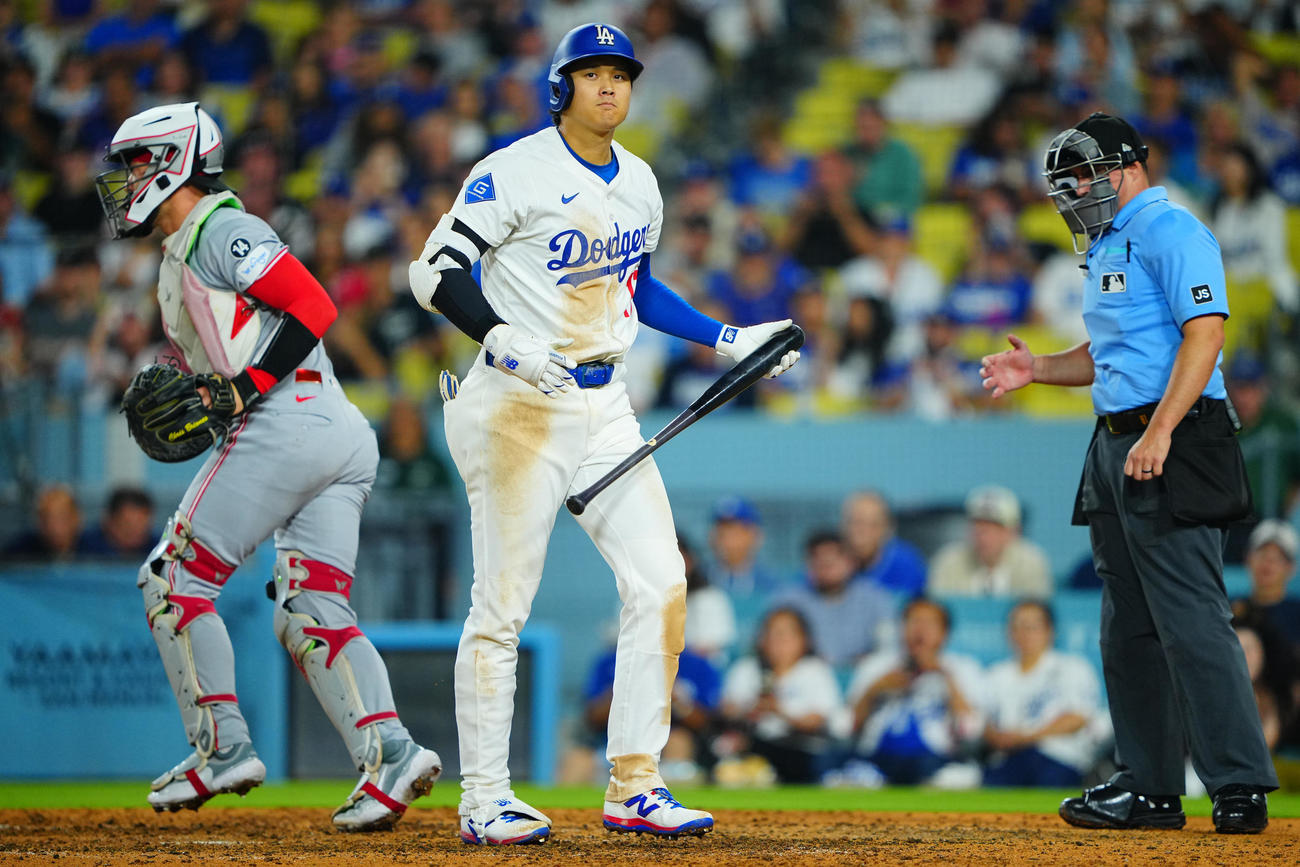 ドジャース対レッズ　8回裏ドジャース2死、空振り三振に倒れる大谷（撮影・垰建太）