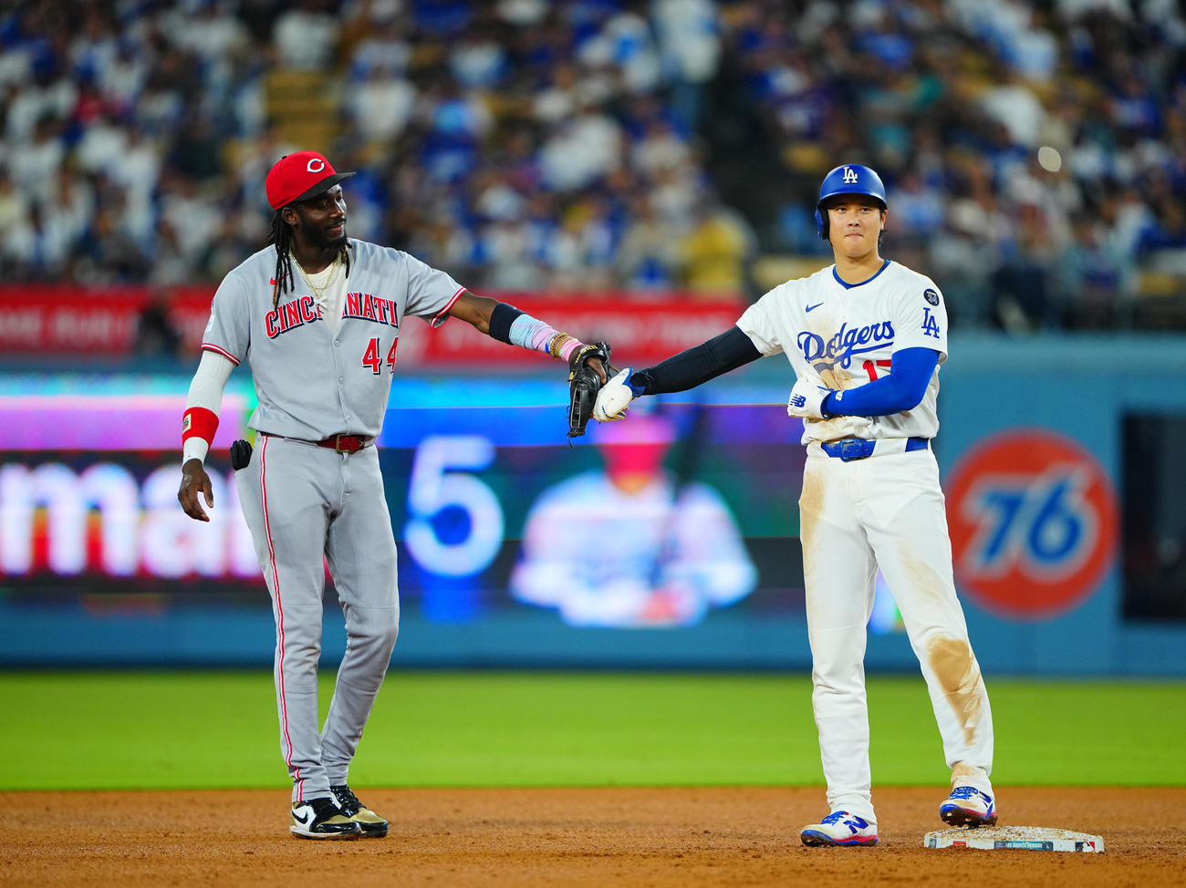 ドジャース対レッズ　6回裏ドジャース2死二塁、塁上でグータッチを交わす大谷（右）と遊撃手のデラクルス（撮影・垰建太）