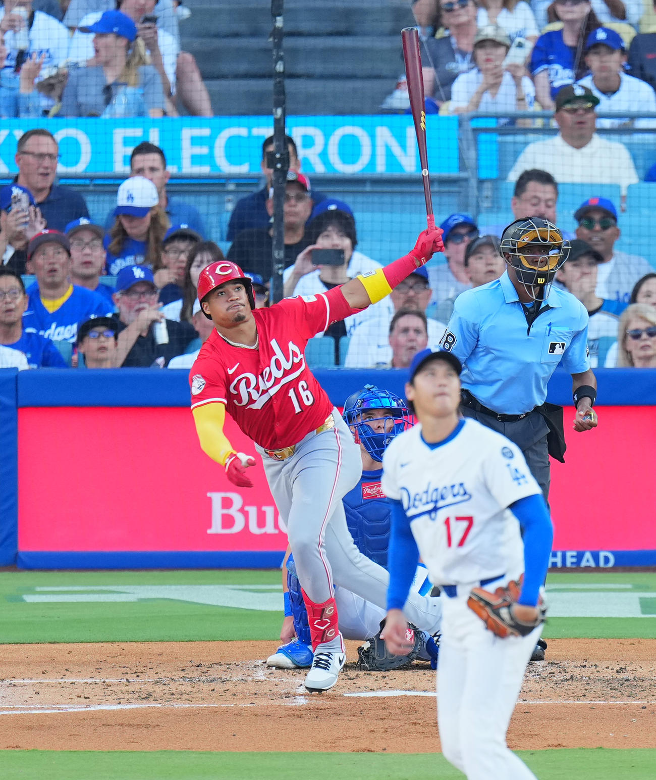 ドジャース対レッズ　3回表レッズ1死、ソロ本塁打を放つマルテ。投手大谷（撮影・菅敏）