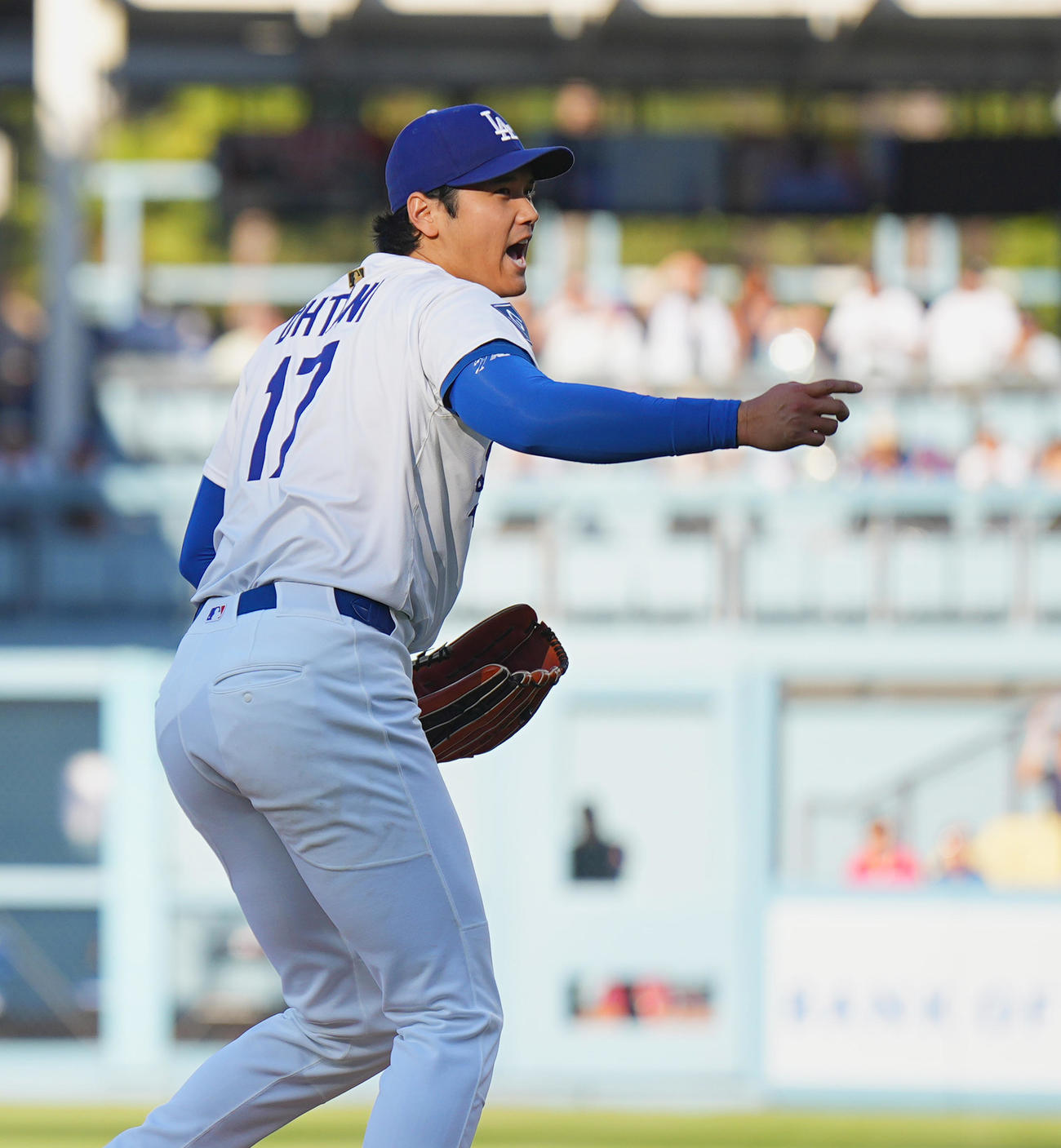 ドジャース対レッズ　1回表レッズ無死一塁、マルテを三振に仕留める大谷（撮影・菅敏）