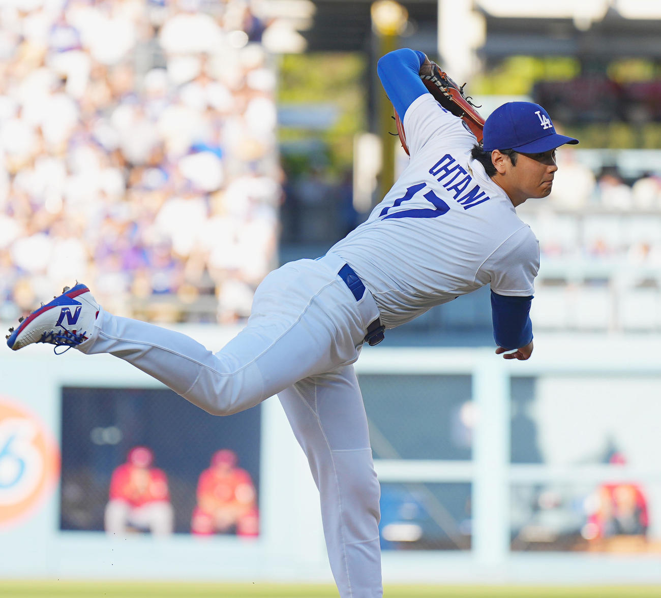 レッズ戦に1番DH兼投手で先発し5回2安打1失点に抑え、749日ぶりの白星を挙げた大谷（撮影・菅敏）