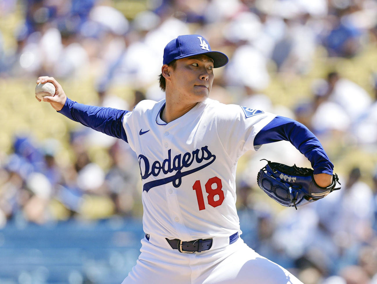 ダイヤモンドバックス戦に先発し、7回1失点と好投したドジャース山本由伸＝ロサンゼルス（共同）