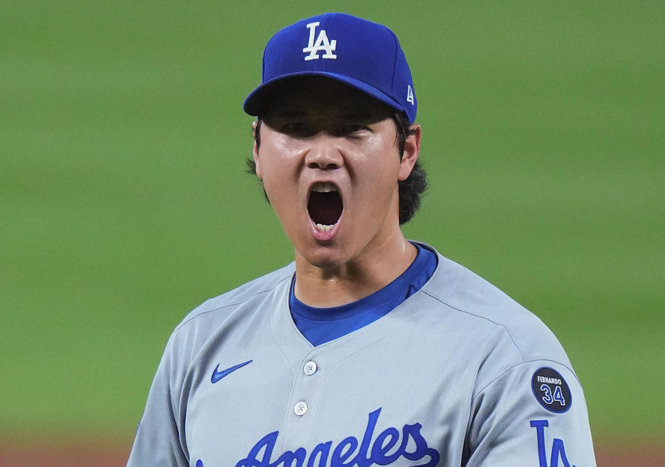 オリオールズ対ドジャース　2回の投球を終え叫ぶ大谷（撮影・菅敏）