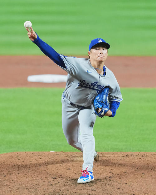 オリオールズ対ドジャース　ドジャース先発の山本（撮影・菅敏）