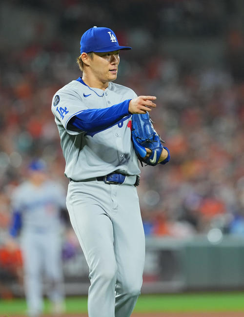 オリオールズ対ドジャース　ドジャース先発の山本（撮影・菅敏）