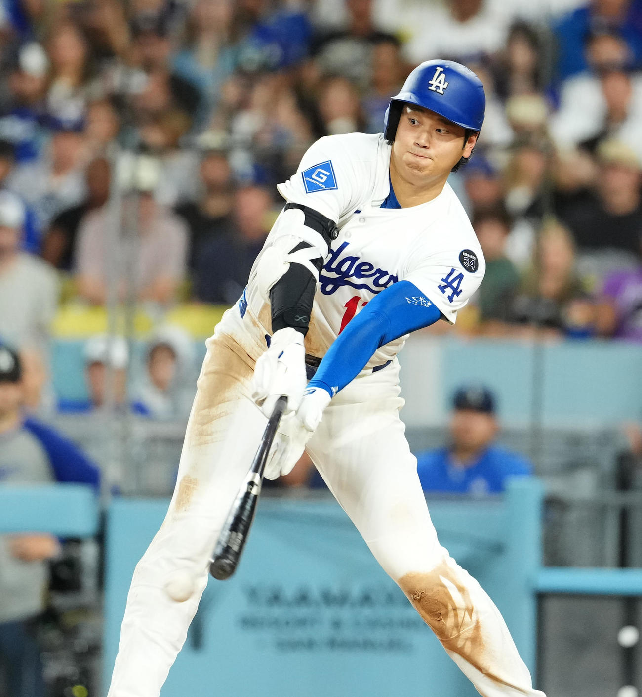ドジャース対ロッキーズ　7回裏ドジャース1死一塁、一ゴロに倒れる大谷（撮影・菅敏）