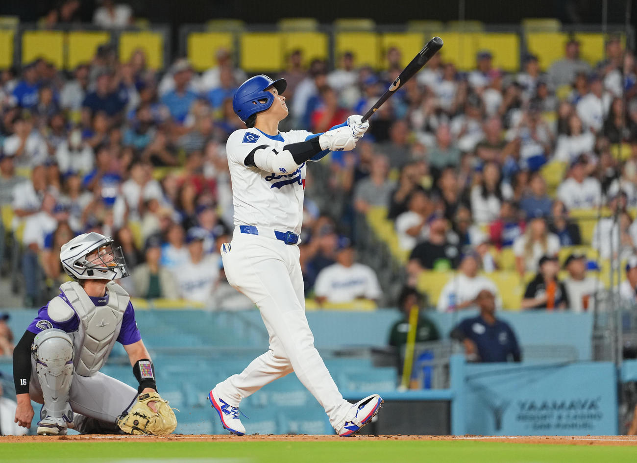 ドジャース対ロッキーズ　1回裏ドジャース無死、中飛に倒れる大谷（撮影・菅敏）