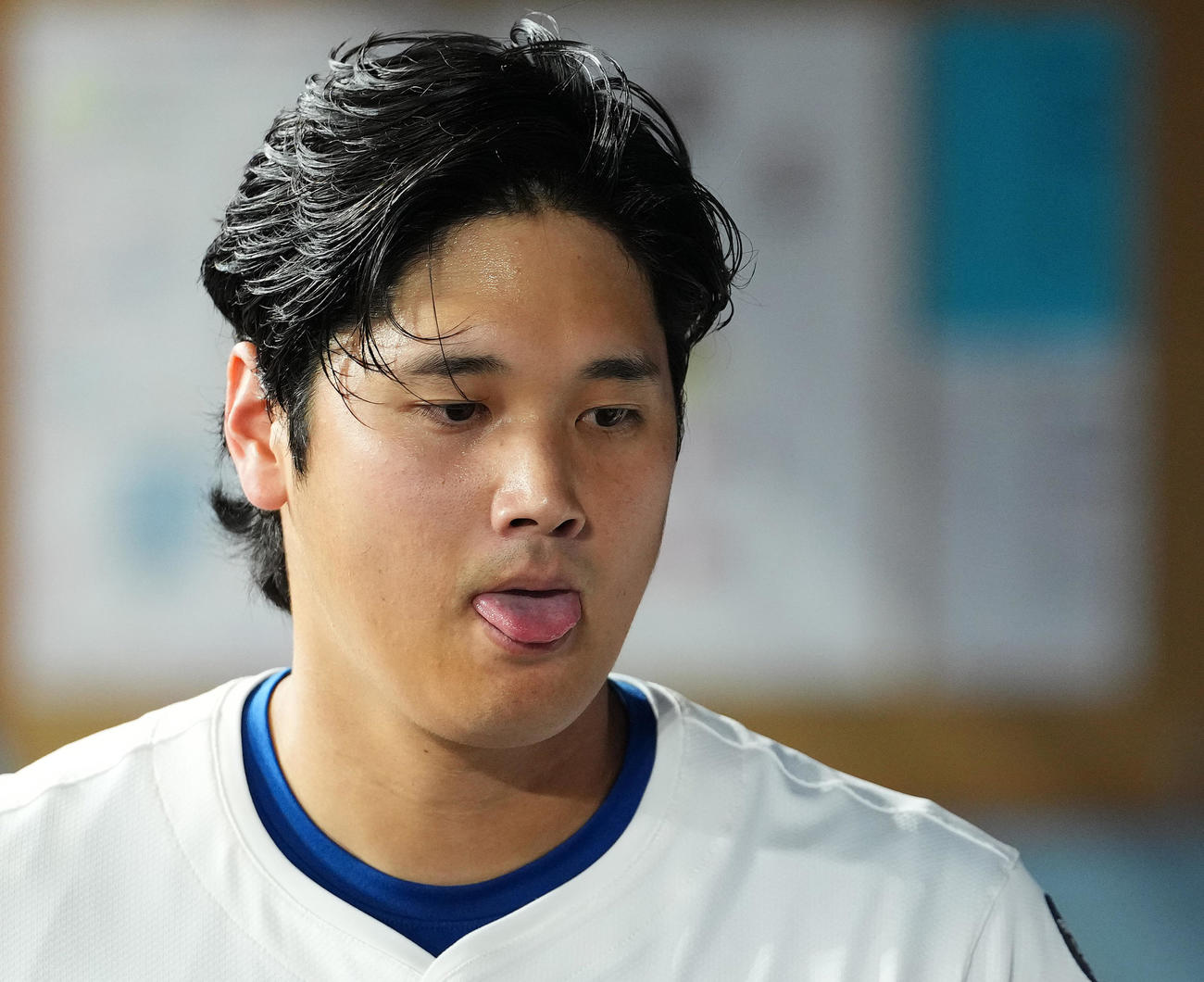 ドジャース対ロッキーズ　6回裏ドジャース1死、一ゴロに倒れ、ベンチで舌を出す大谷（撮影・菅敏）