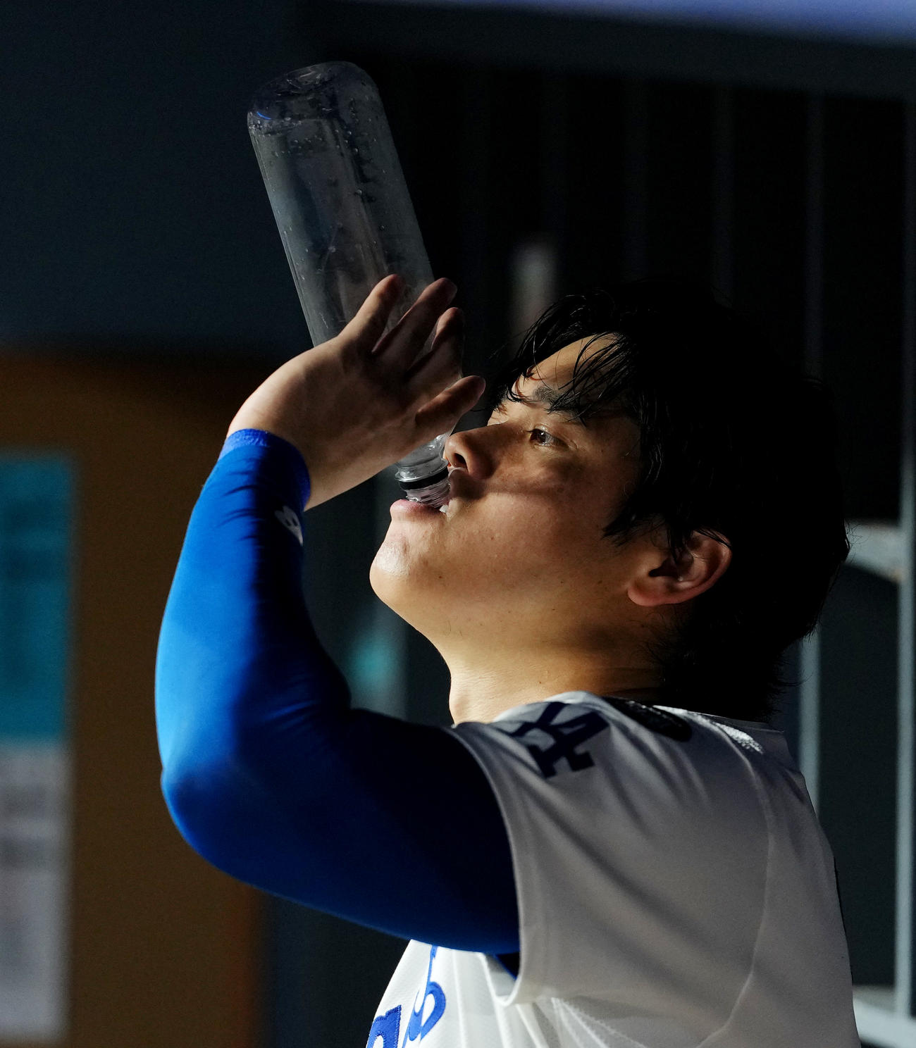 ドジャース対ロッキーズ　6回裏ドジャース1死、一ゴロに倒れ、ベンチに戻り水分補給をする大谷（撮影・菅敏）