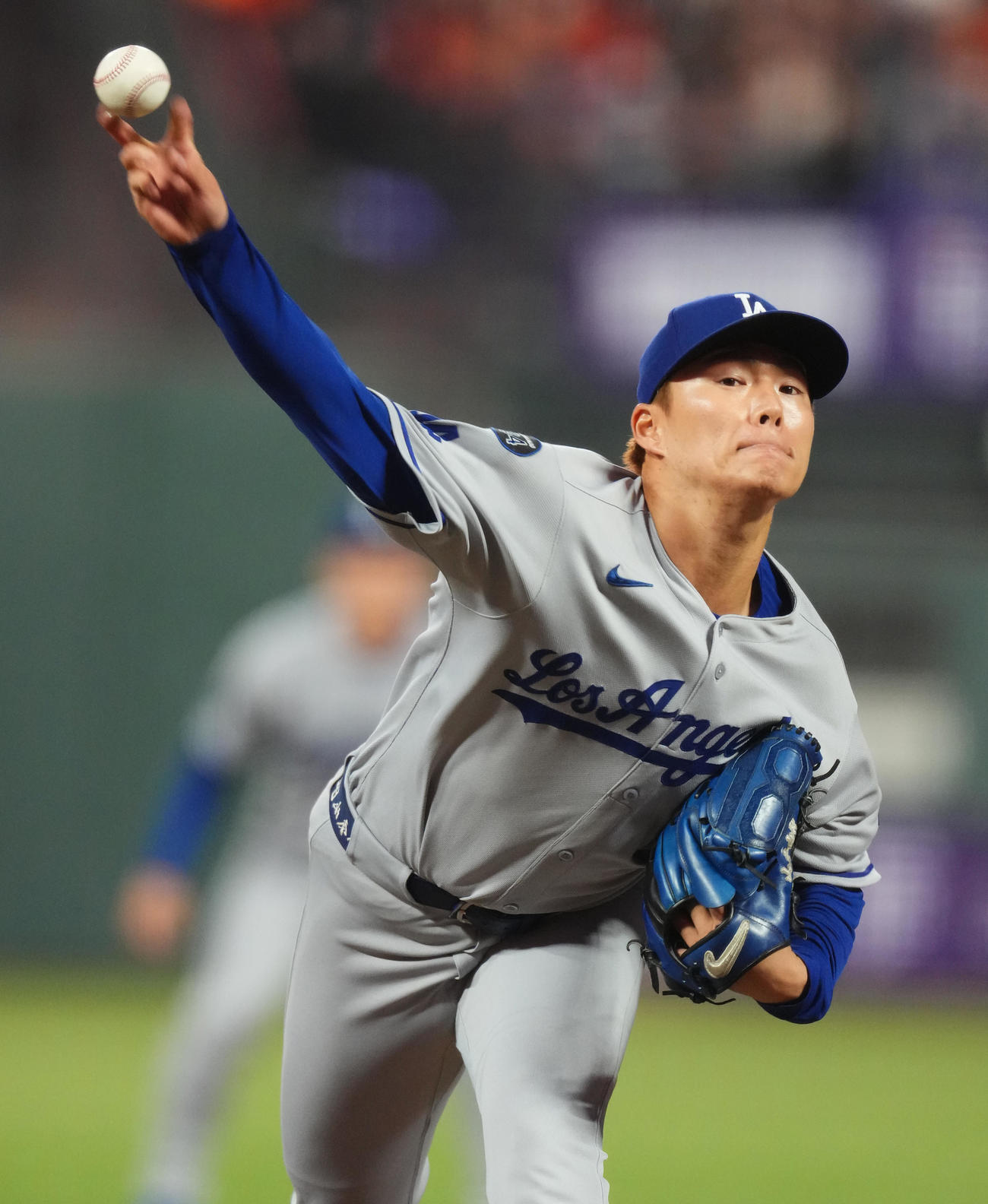 ジャイアンツ対ドジャース　ジャイアンツ戦に先発し、7回を投げて1安打1失点の山本（撮影・菅敏）