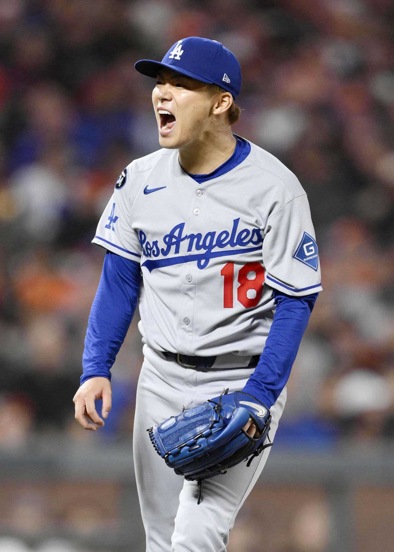 ジャイアンツ戦に先発し、7回を投げ1安打1失点と好投したドジャース・山本。勝敗は付かなかった（共同）