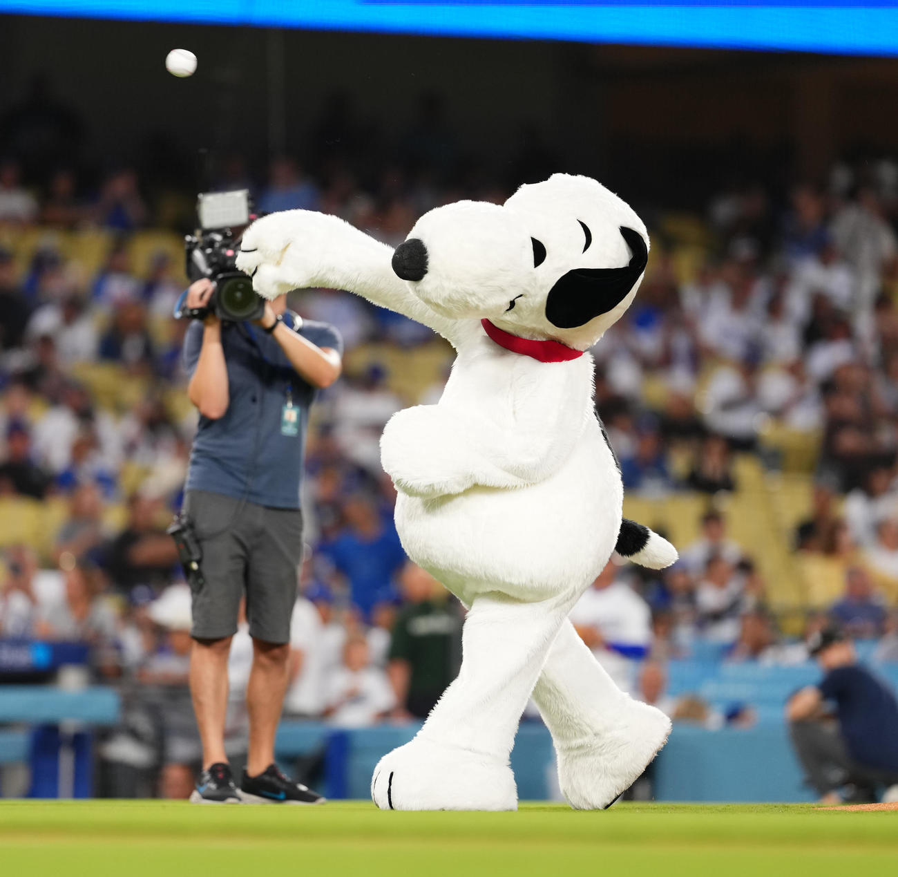 ドジャース対フィリーズ　始球式を務めるスヌーピー（撮影・菅敏）