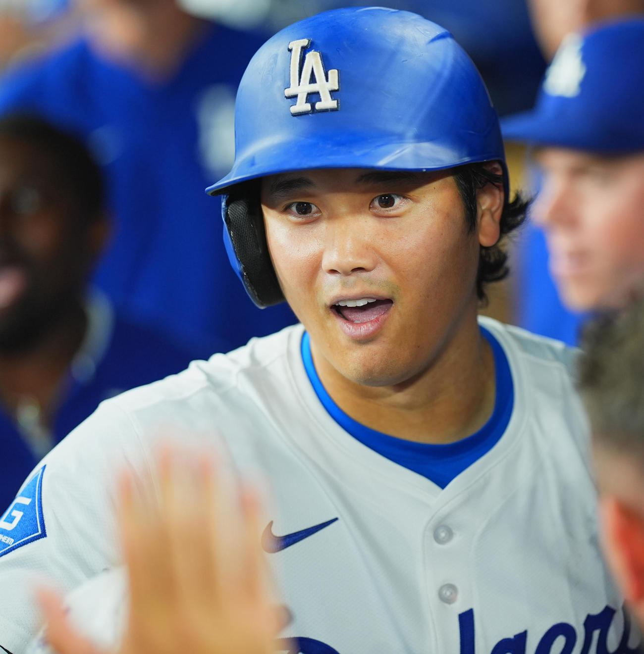 ドジャース対フィリーズ　8回裏ドジャース無死、右越えに50号ソロ本塁打を放ち、ベンチでナインに迎えられる大谷（撮影・菅敏）