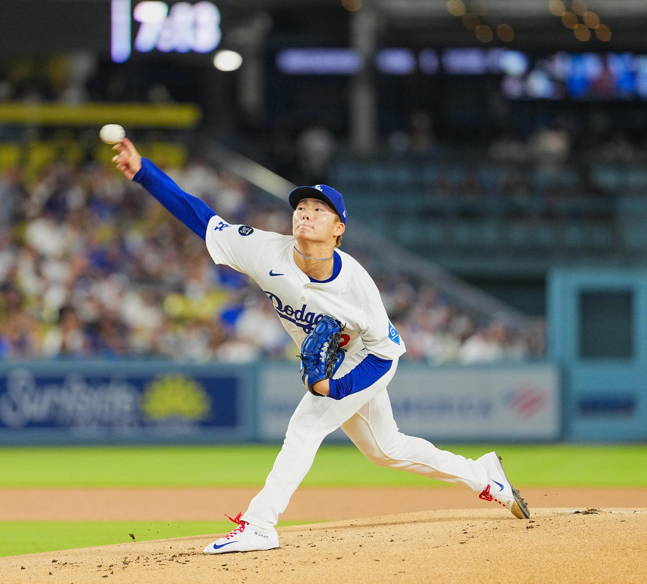 ドジャース対ジャイアンツ　ドジャース先発の山本（撮影・菅敏）