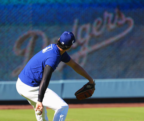 ドジャース対ジャイアンツ　試合前、キャッチボールで調整するドジャース大谷（撮影・菅敏）