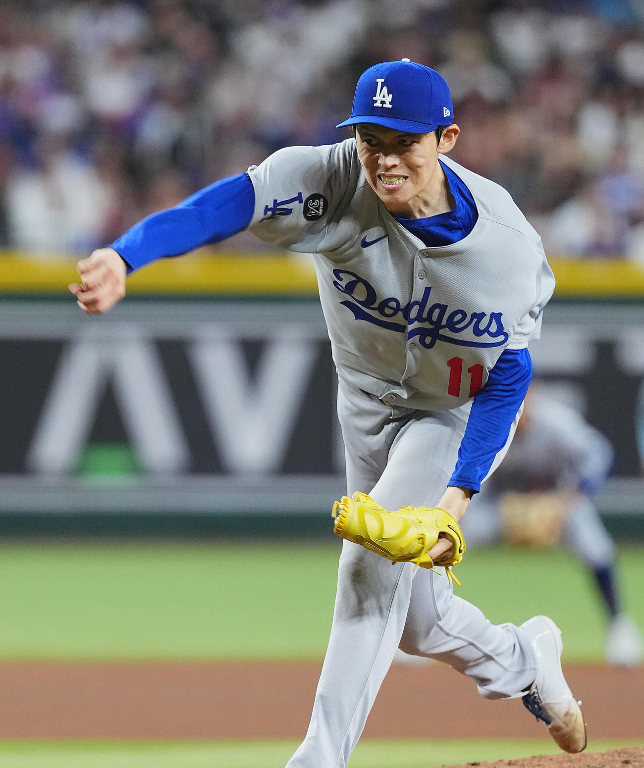 ダイヤモンドバックス対ドジャース　7回、リリーフで登板し、3者凡退に抑えたドジャース佐々木（撮影・菅敏）