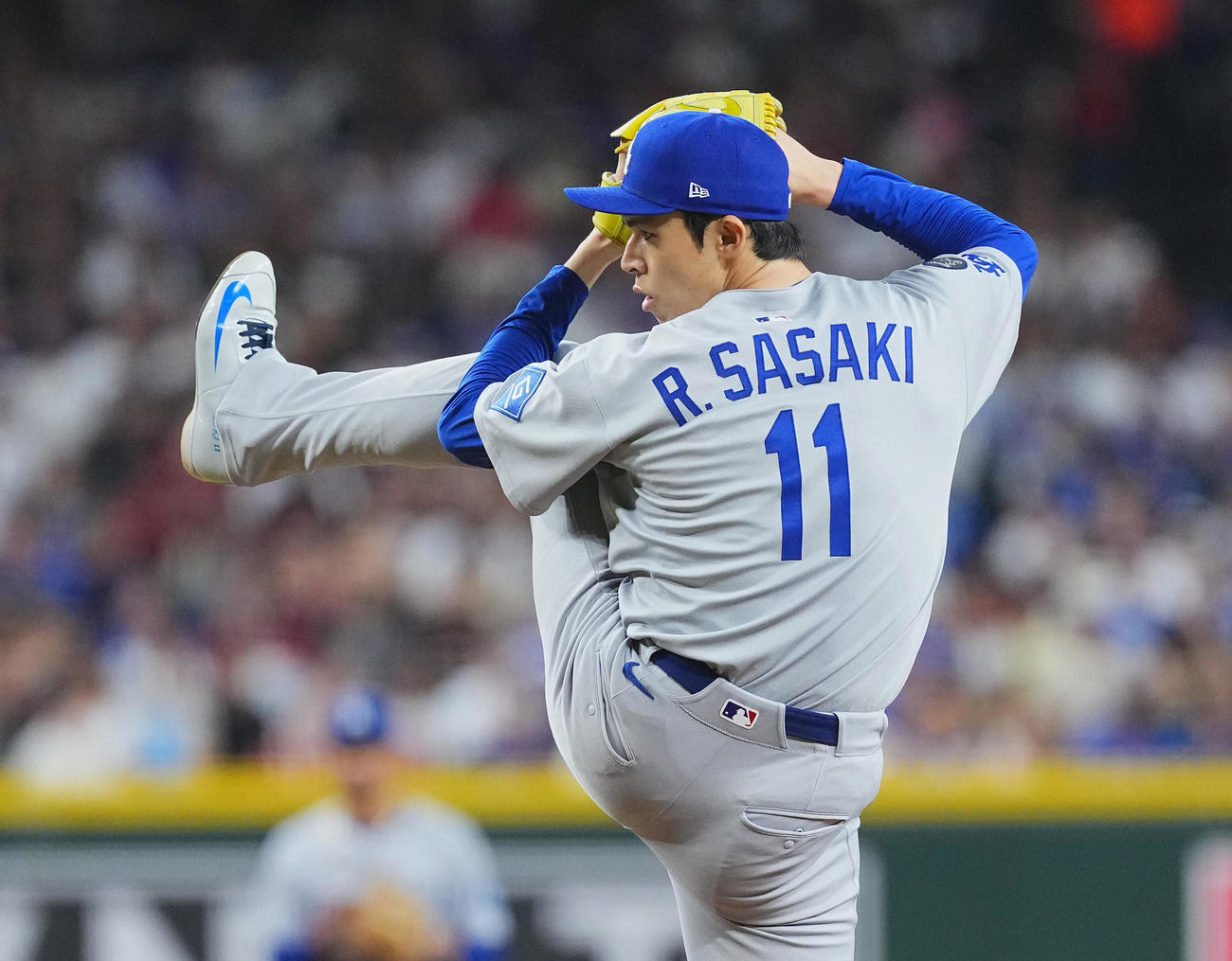 ダイヤモンドバックス対ドジャース　7回、リリーフで登板し、3者凡退に抑えたドジャース佐々木（撮影・菅敏）