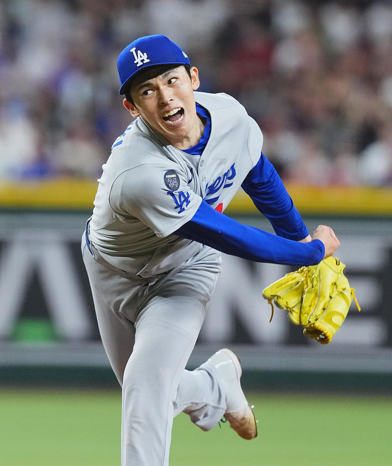ダイヤモンドバックス対ドジャース　7回、リリーフで登板し、3者凡退に抑えたドジャース佐々木（撮影・菅敏）
