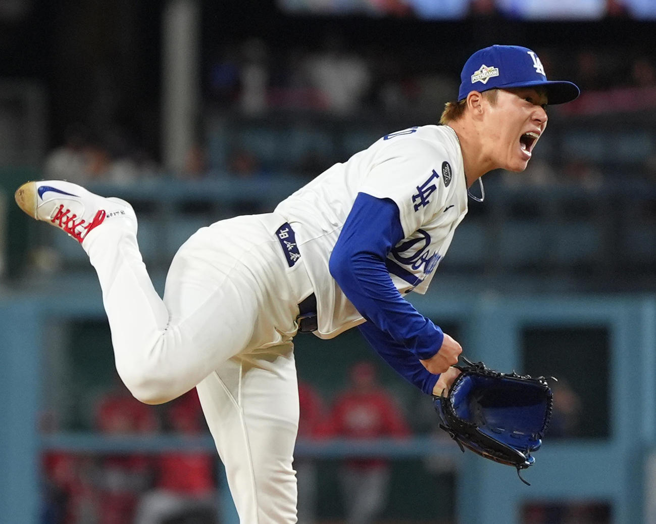 ドジャース対レッズ　投球後に叫ぶ山本（撮影・菅敏）