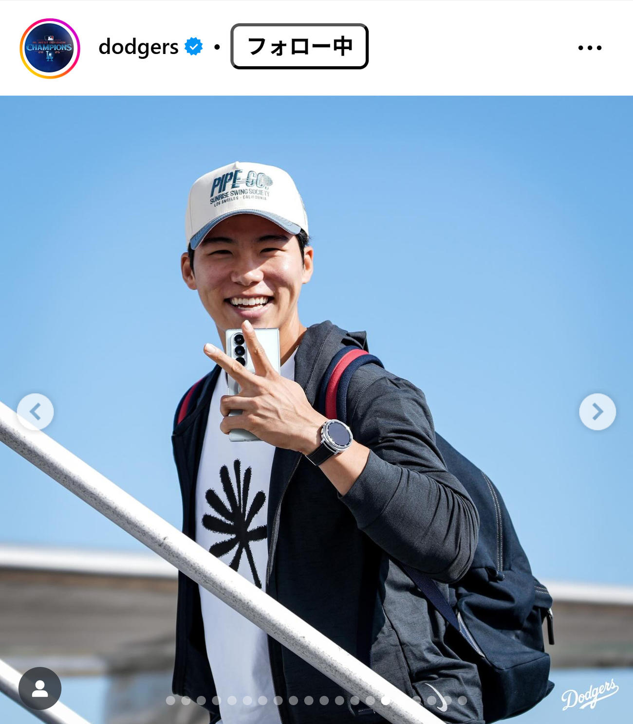 敵地ミルウォーキーに向けて出発するキム・へソン（ドジャースの公式インスタグラムから）