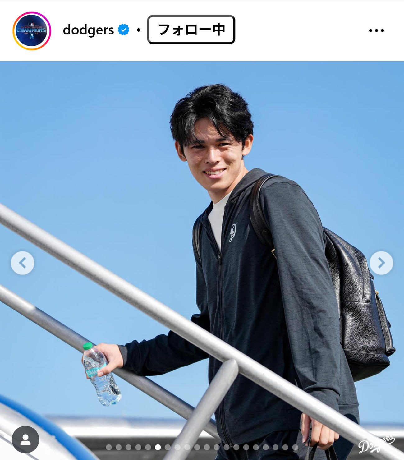 敵地ミルウォーキーに向けて出発する佐々木朗希（ドジャースの公式インスタグラムから）