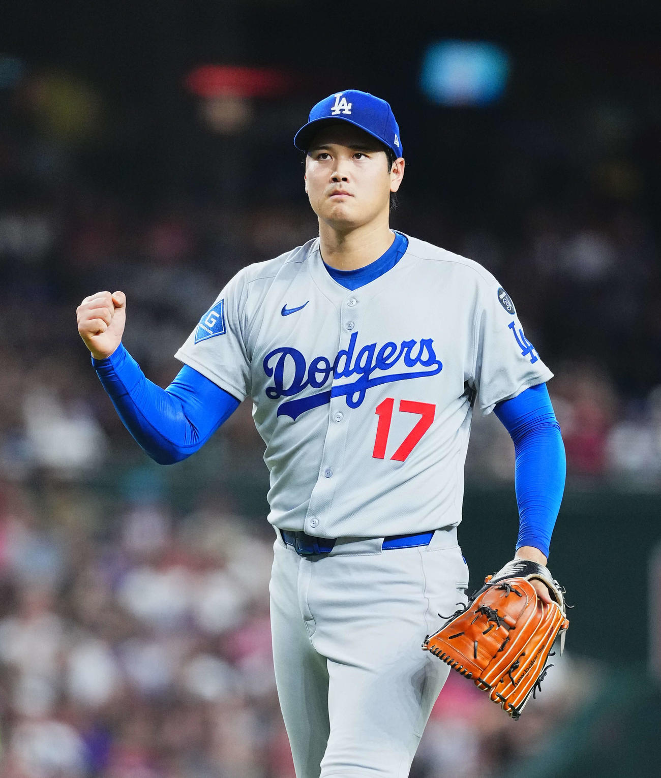 ガッツポーズを見せる大谷翔平（2025年9月23日撮影）