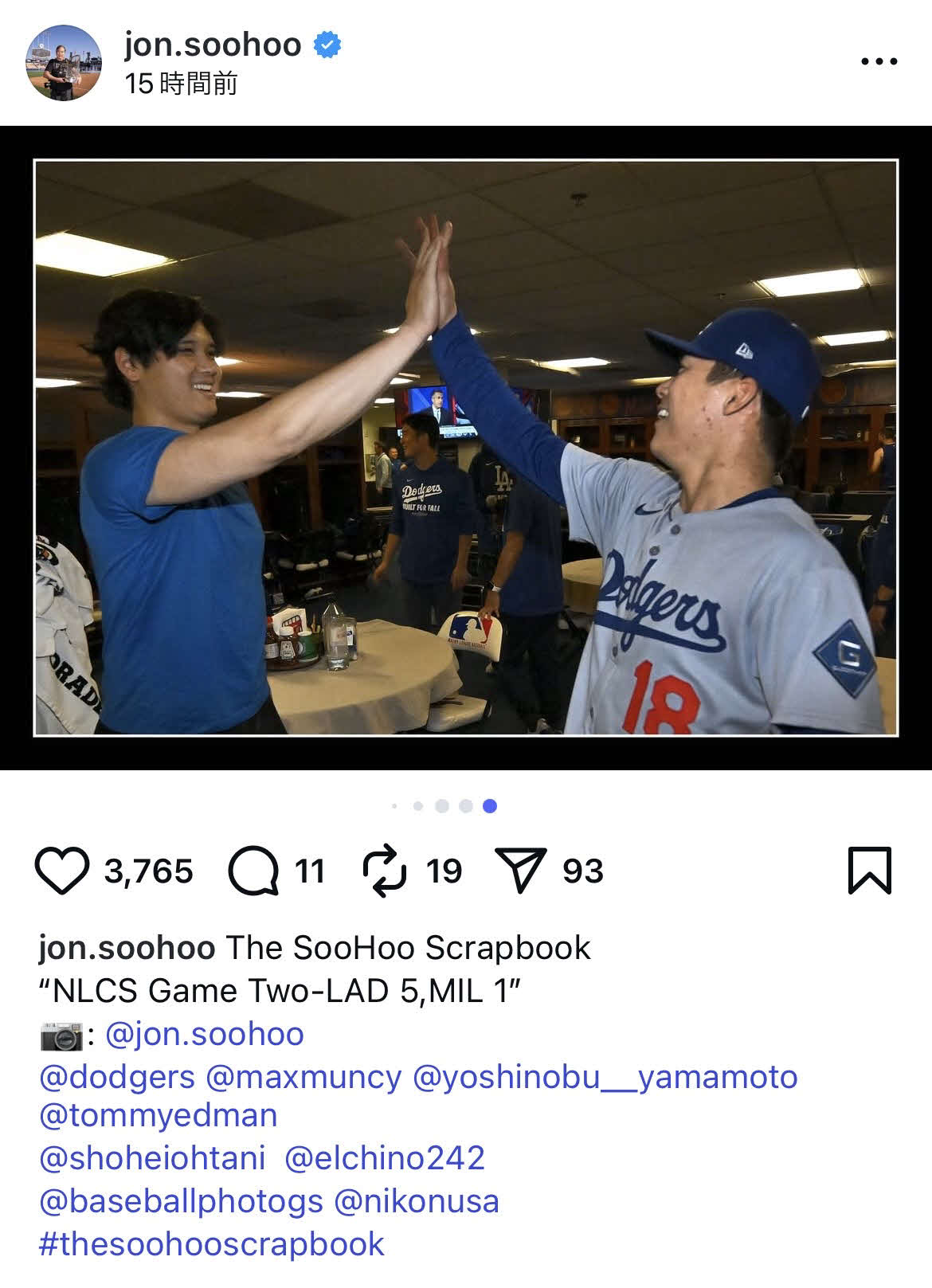 ドジャース球団カメラマンのジョン・スーフーのインスタグラムから