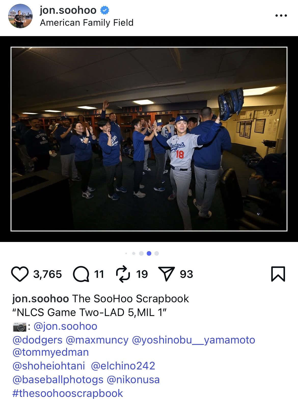 ドジャース球団カメラマンのジョン・スーフーのインスタグラムから