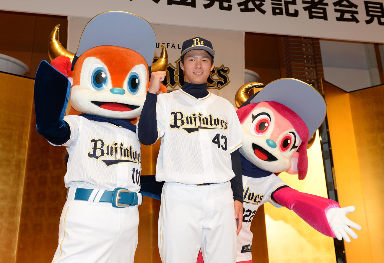 16年12月18日、オリックス新入団選手発表　4位の山本とバファローブル、ベル