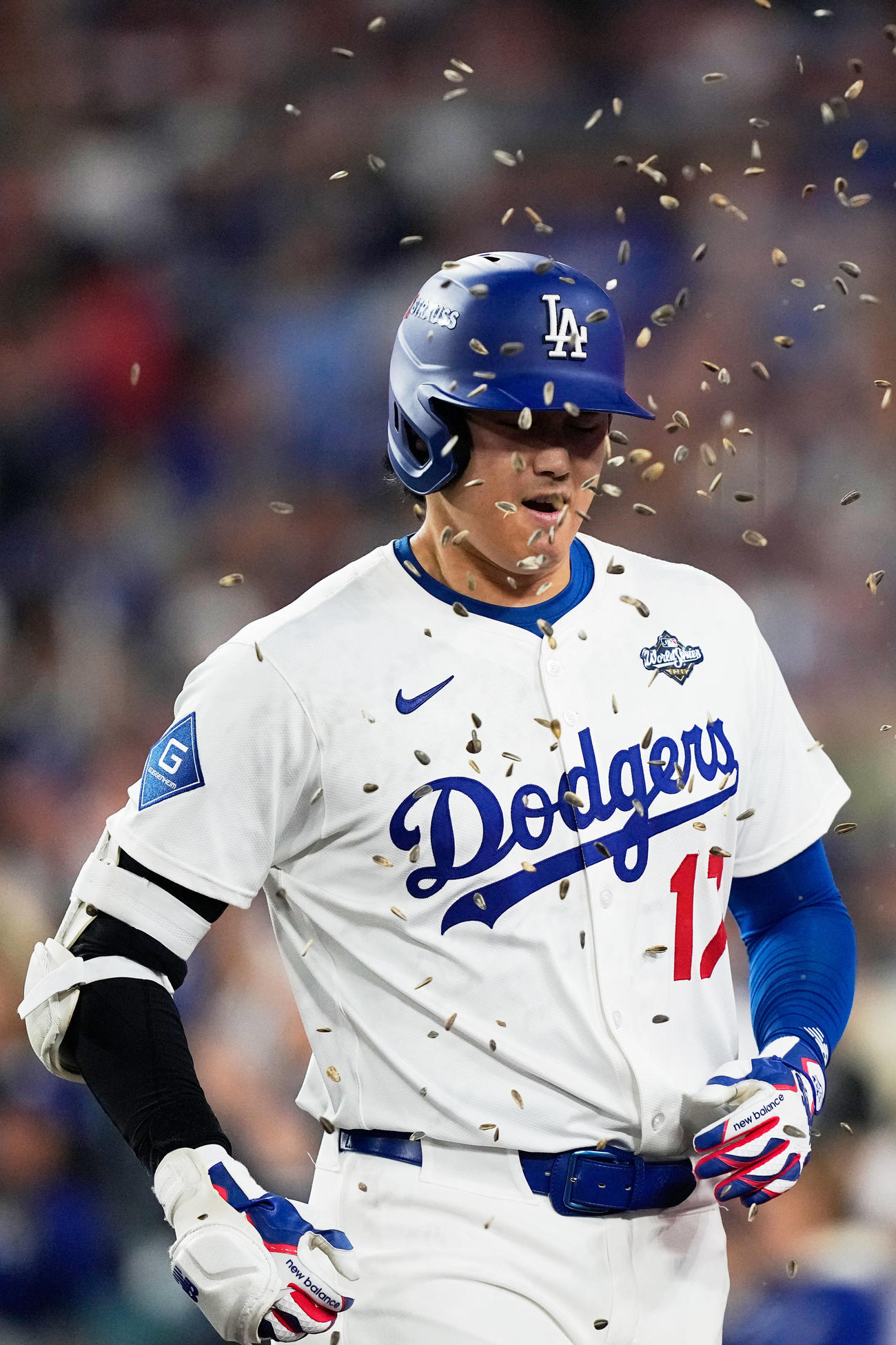 ドジャース大谷翔平はブルージェイズ戦７回に同点ソロ本塁打を放つと同僚からヒマワリシャワーの祝福受ける（AP)