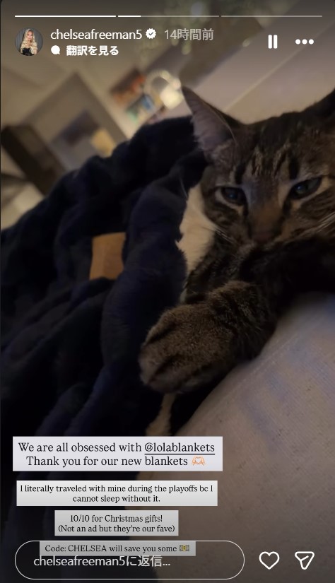 フリーマンの家で飼われる元保護猫チャンプ（フリーマンの妻チェルシー夫人のインスタグラムから）