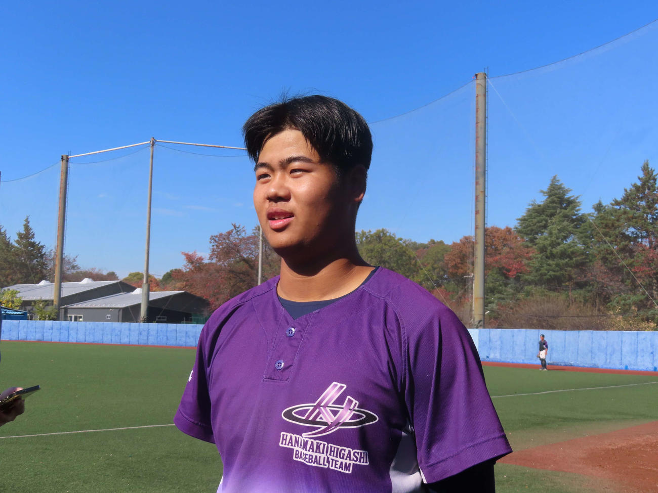 先輩のドジャース大谷翔平について語る花巻東・古城主将（撮影・山本佳央）