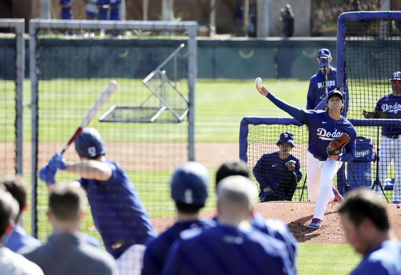 実戦形式の練習に初登板したドジャース・大谷＝グレンデール（共同）