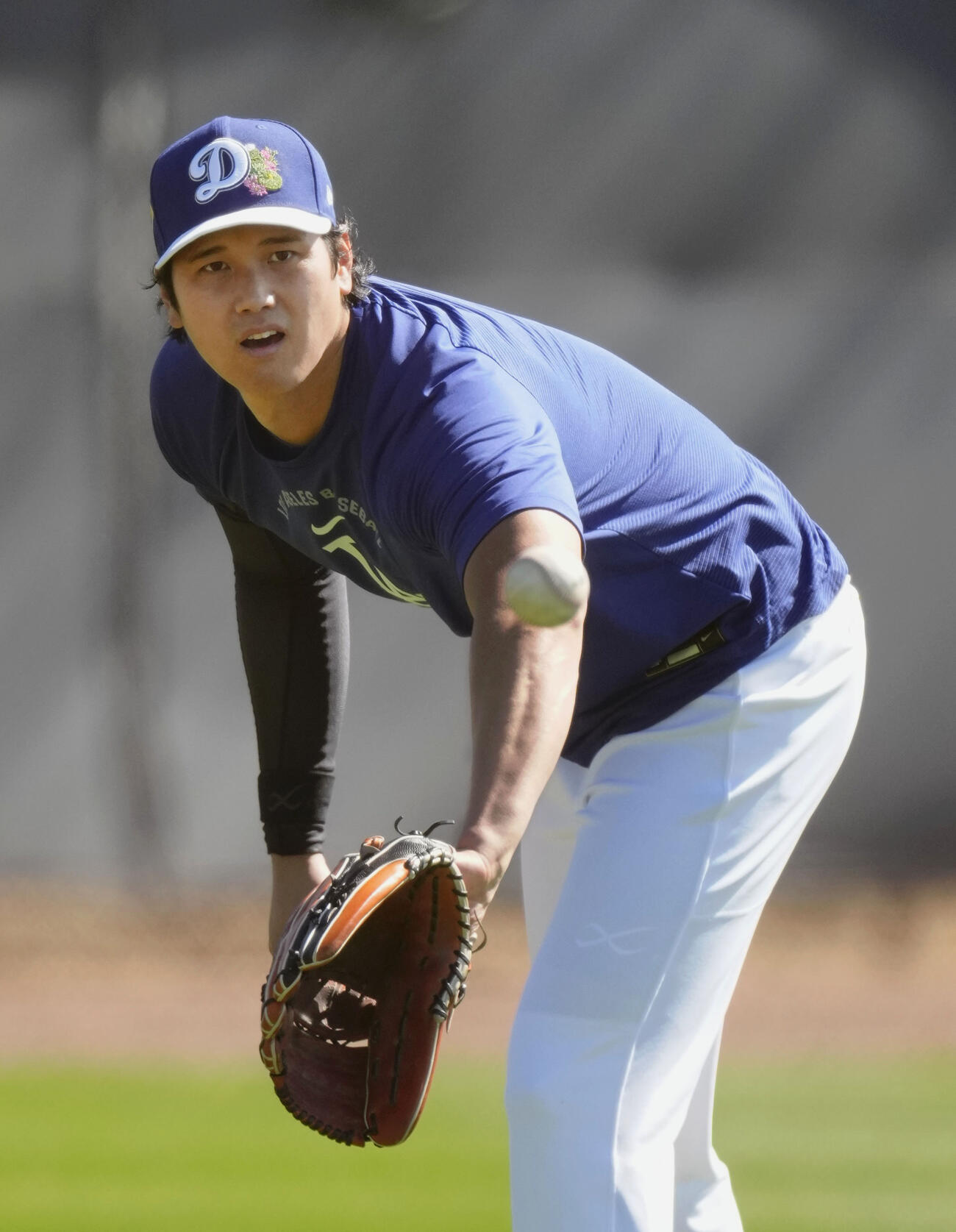 キャッチボールするドジャース大谷（共同）