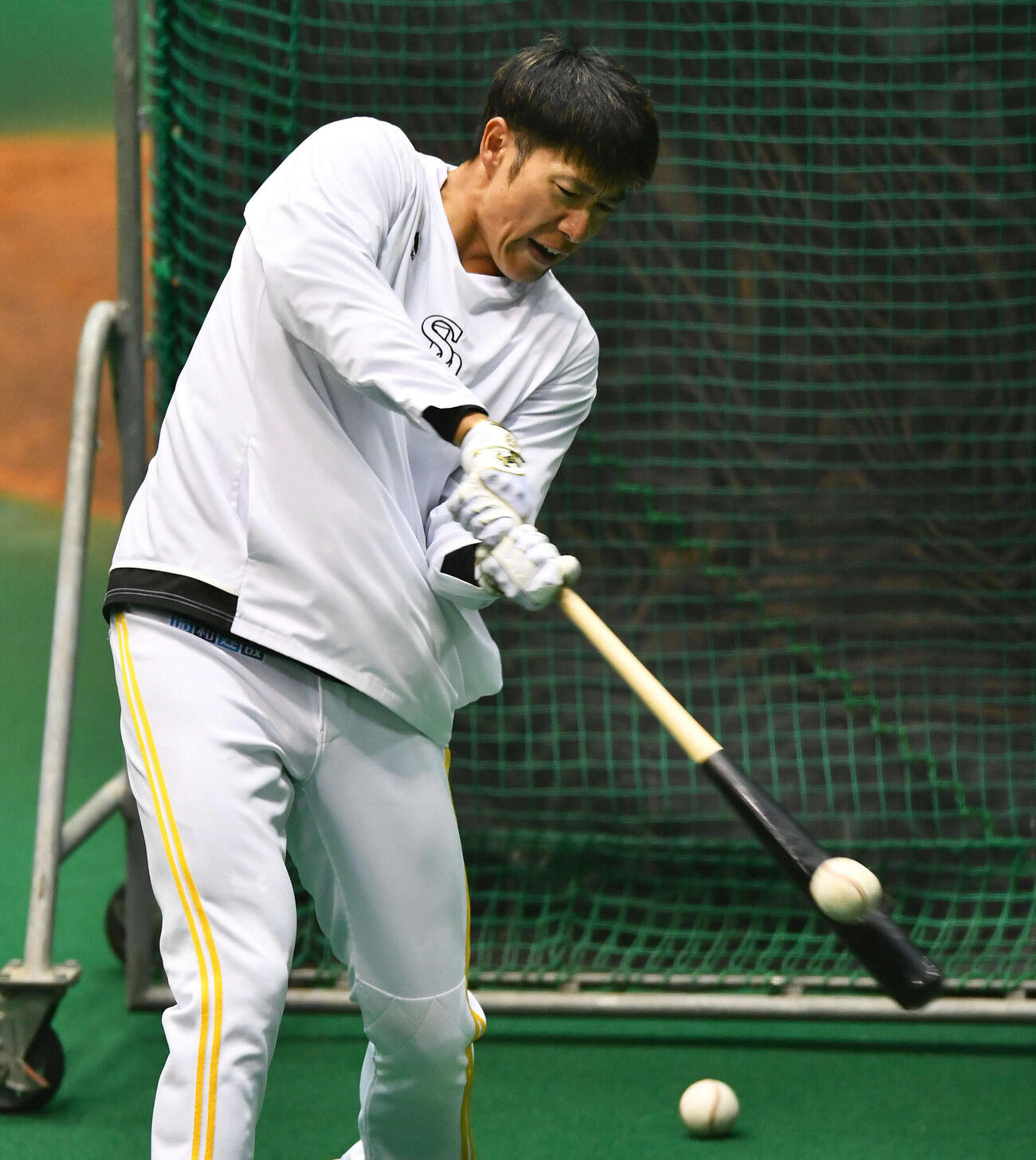 トス打撃で打ち込むソフトバンク柳田（撮影・岩下翔太）