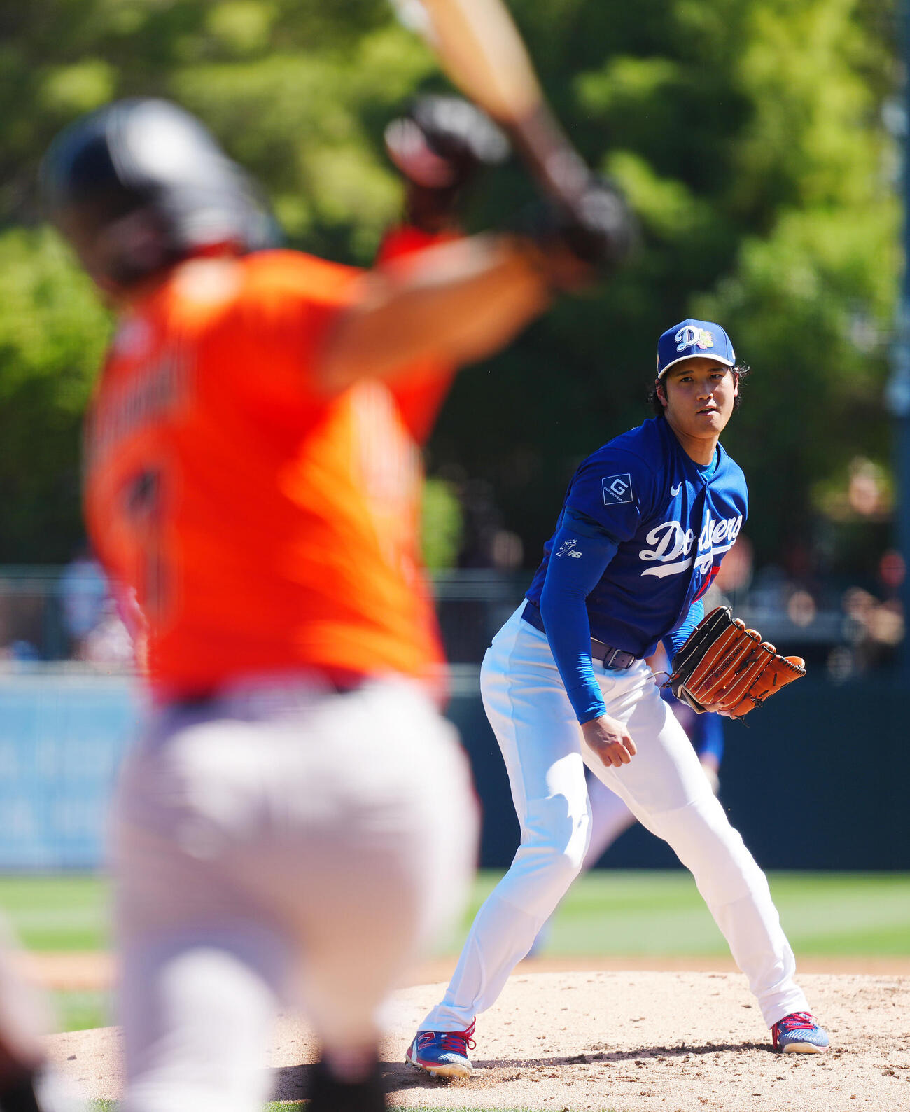 ドジャース対ジャイアンツ　2回表ジャイアンツ2死二塁、ブレナンを空振り三振に仕留める大谷（撮影・垰建太）