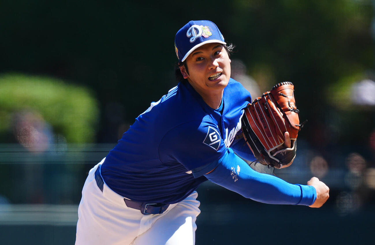 ドジャース対ジャイアンツ　力投するドジャース先発の大谷（撮影・垰建太）