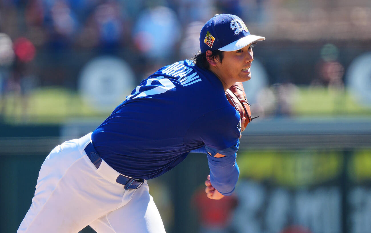 ドジャース対ジャイアンツ　力投するドジャース先発の大谷（撮影・垰建太）