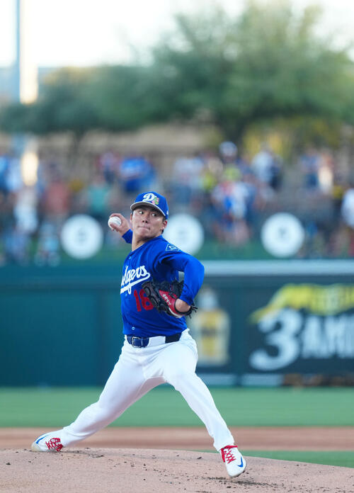 ドジャース対パドレス　力投するドジャース先発の山本（撮影・垰建太）