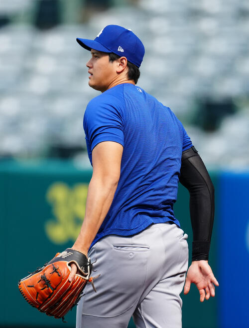 ドジャース対エンゼルス　試合前、投球練習を行うドジャース大谷（撮影・垰建太）