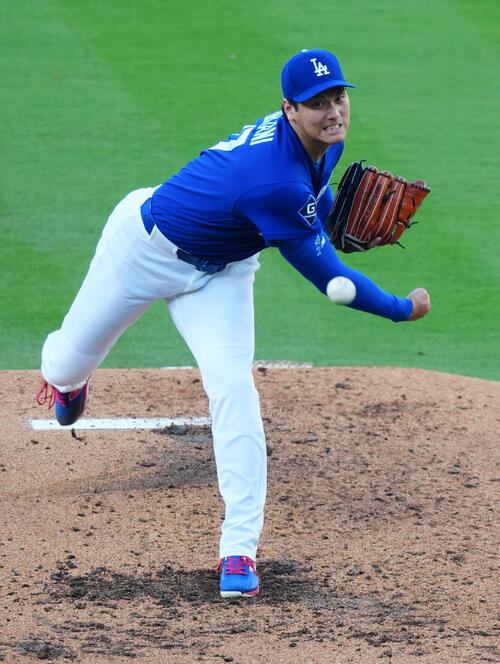 ドジャース対エンゼルス　力投するドジャース先発の大谷（撮影・垰建太）
